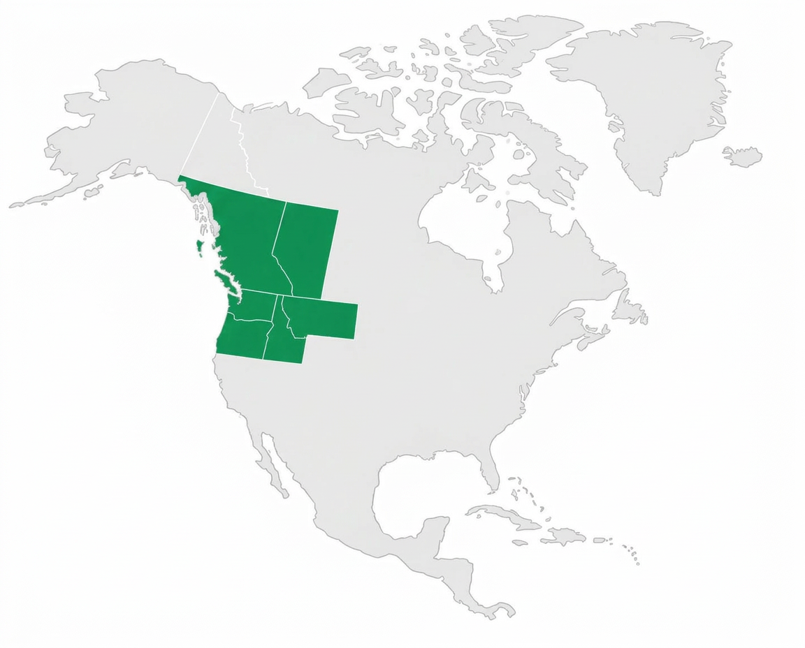 Map of North America highlighting Washington, Oregon, Idaho, Montana, British Columbia, and Alberta