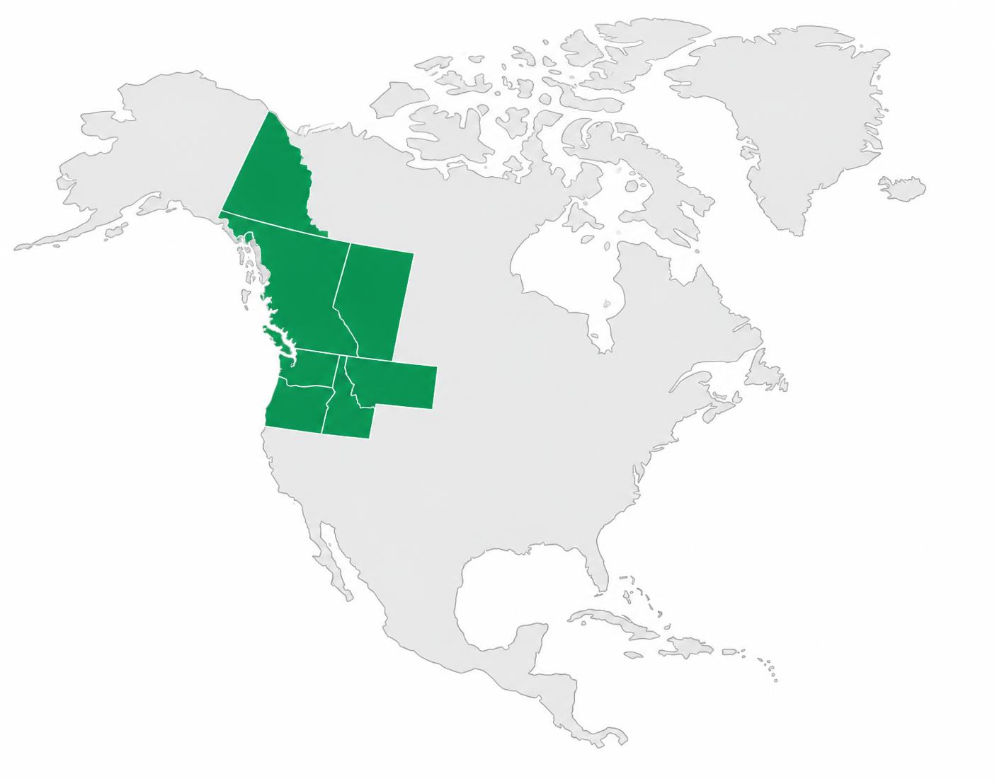 Map of North America highlighting Washington, Oregon, Idaho, Montana, British Columbia, and Alberta